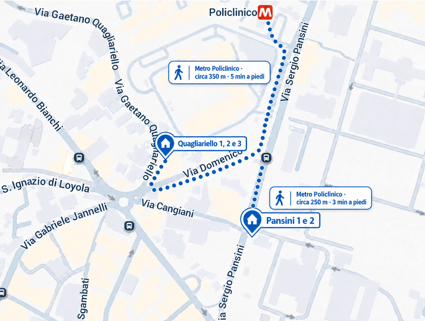 Mappa dei Ruggiero's Apartments con i percorsi a piedi dalla stazione Metro Policlinico